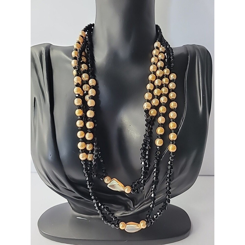 Vintage Necklace Beaded Black Faceted Peach Round Opera Flapper Jewelry  Costume
